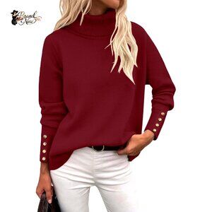 Turtleneck Pullover Sweater with Metal Buttons, Long Sleeve Knit